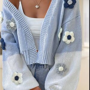 Sky Blue and White Floral Knit cardigan